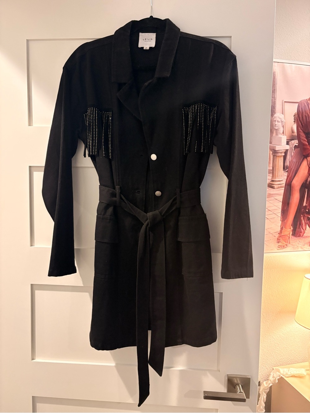 Le Lis Black Fringe-Trim Belted Trench Dress Coat